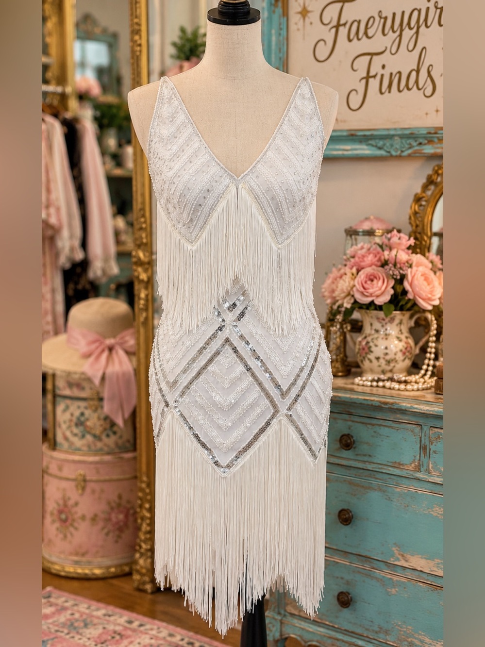 White Beaded Fringe Midi Dress - Vintage-Inspired Party Dress
